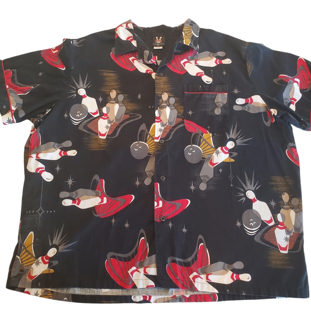 Hilton Men's Retro Shirt Bowling Pin Print Button Up Black Short Sleeve 2XL